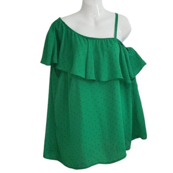 Torrid Polka Dot Georgette One Shoulder Top Green Size 1X Ruffle - Picture 2 of 13